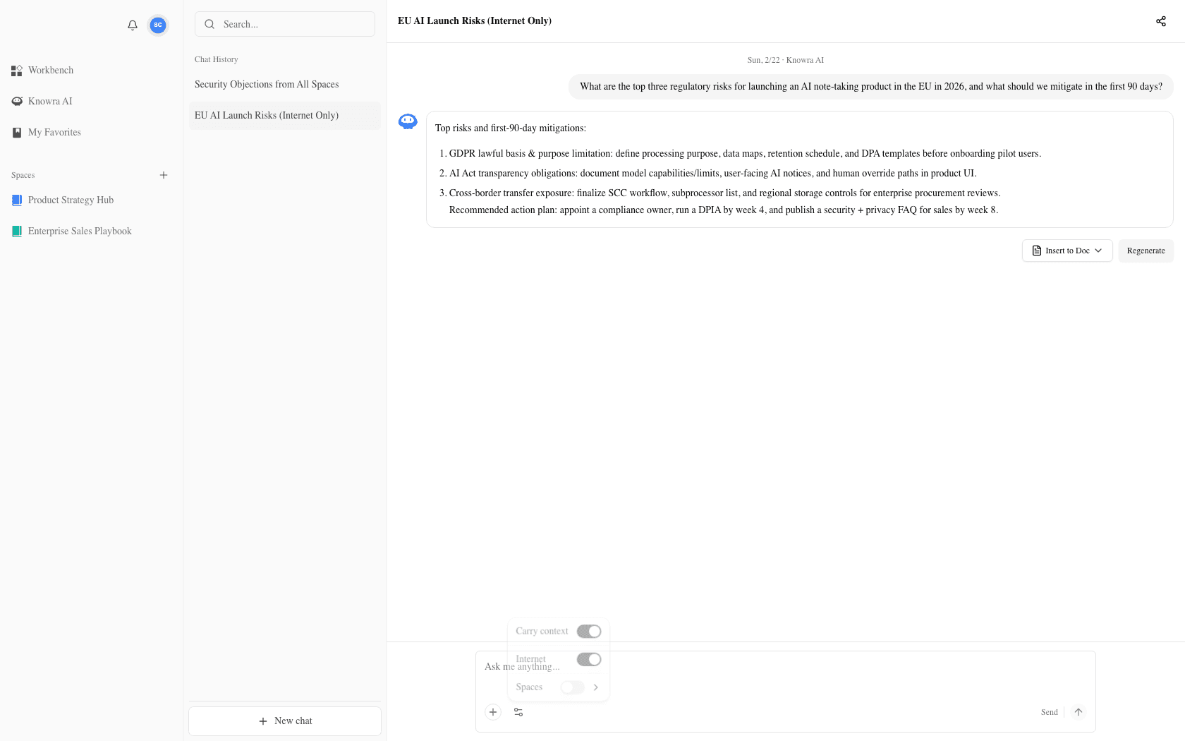Knowra AI conversation using internet-only mode